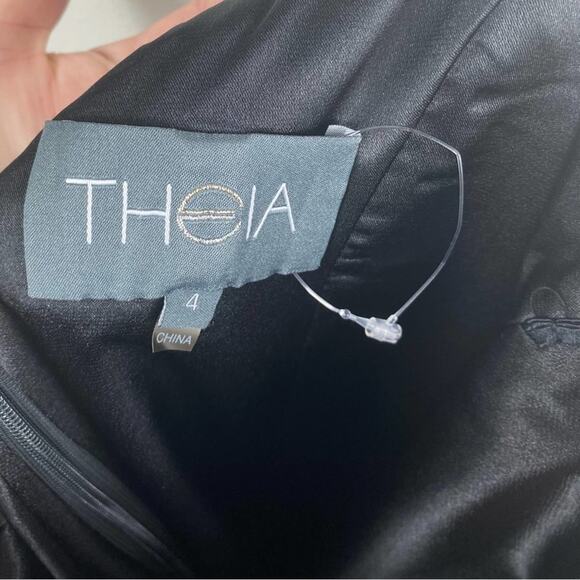 THEIA DRESS 4 METALLIC JACQUARD FLORAL BLUE GOLD COCKTAIL SHEATH SLEEVELESS - Picture 4 of 6